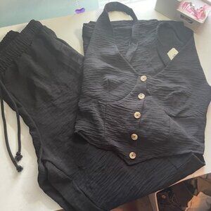 🖤 NWT Crinkle Black Matching Set | Cropped Vest + Cargo Pants (S)